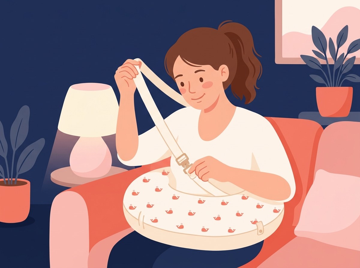 A mom pulling the LatchHug strap over her shoulder