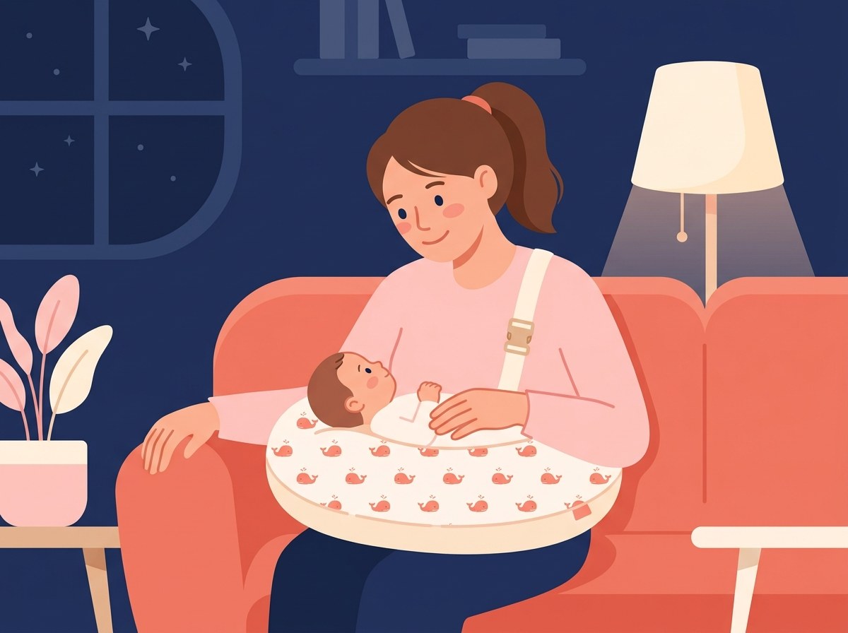 A baby resting on the LatchHug pillow while mom looks down smiling
